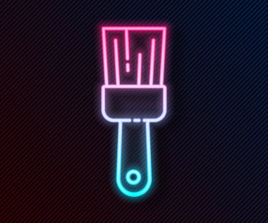 Parlayan neon çizgisi fırça simgesi siyah arkaplanda izole edildi. Vektör İllüstrasyonu