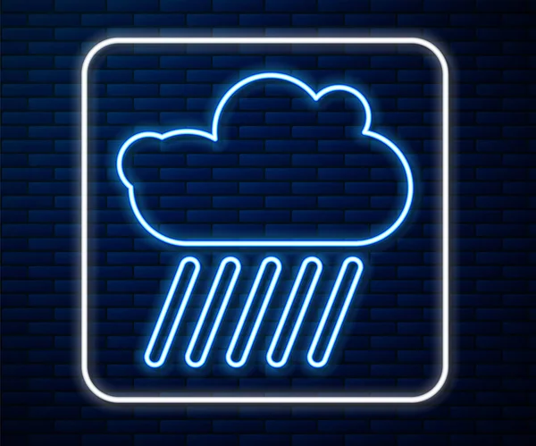 Glowing neon line Cloud with rain icon isolated on brick wall background. Rain cloud precipitation with rain drops.  Vector Illustration