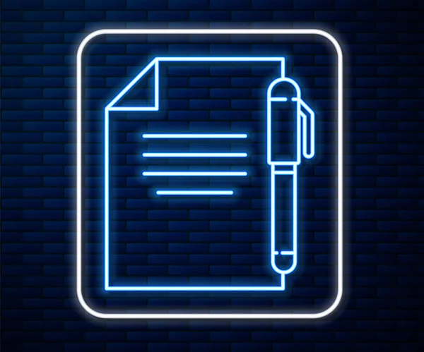 Línea Neón Brillante Icono Documento Lápiz Aislado Fondo Pared Ladrillo — Archivo Imágenes Vectoriales