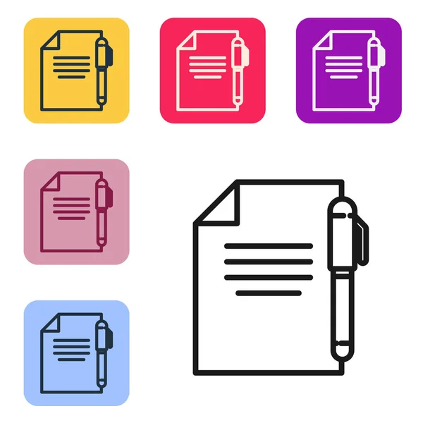 Zwarte Lijn Document Pen Pictogram Geïsoleerd Witte Achtergrond Bestand Icoon — Stockvector