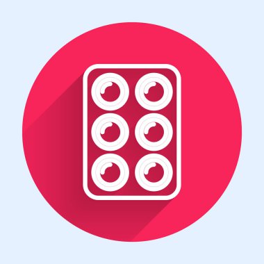 Beyaz çizgi suluboya, uzun gölgeyle izole edilmiş kutu simgesiyle boyanır. Kırmızı daire düğmesi. Vektör İllüstrasyonu