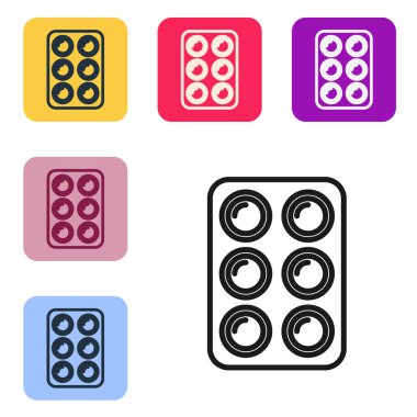 Siyah çizgi suluboya beyaz arkaplanda izole edilmiş kutu simgesiyle boyanır. Renkli kare düğmelerle simgeleri ayarla. Vektör İllüstrasyonu