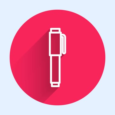 Beyaz çizgi kalem simgesi uzun gölgeli. Kırmızı daire düğmesi. Vektör İllüstrasyonu