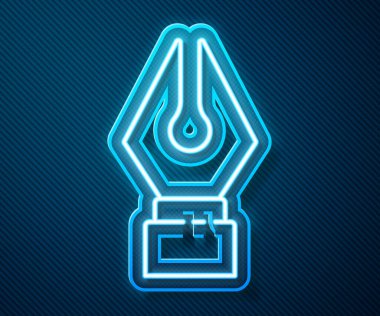 Parlayan neon hattı Çeşme ucu simgesi mavi arkaplanda izole edildi. Kalem aleti işareti. Vektör İllüstrasyonu