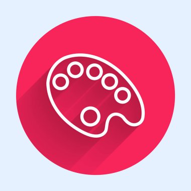 Beyaz çizgi Palet simgesi uzun gölgeli izole edilmiş. Kırmızı daire düğmesi. Vektör İllüstrasyonu