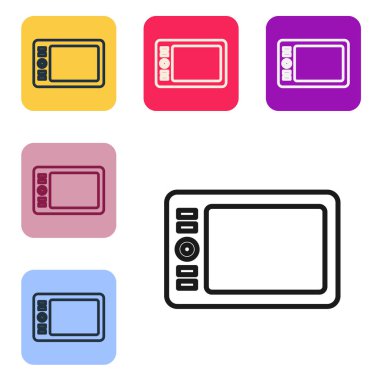 Beyaz arkaplanda siyah çizgi grafik tableti simgesi izole edildi. Renkli kare düğmelerle simgeleri ayarla. Vektör İllüstrasyonu