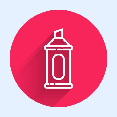 Beyaz çizgi kalem simgesi uzun gölgeyle izole edildi. Kırmızı daire düğmesi. Vektör İllüstrasyonu