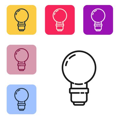 Fikir ikonu kavramına sahip siyah çizgi ampulü beyaz arkaplanda izole edildi. Enerji ve fikir sembolü. İlham konsepti. Renkli kare düğmelerle simgeleri ayarla. Vektör İllüstrasyonu