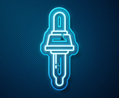 Parlayan neon hattı Pipette simgesi mavi arkaplanda izole edildi. Tıbbi elementler, kimya laboratuarı ekipmanları. Tıp sembolü. Vektör İllüstrasyonu