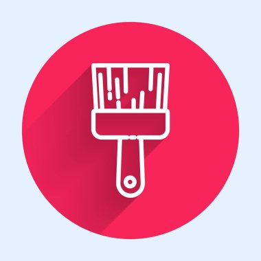 Beyaz çizgi boya fırçası ikonu uzun gölgeli izole edilmiş. Kırmızı daire düğmesi. Vektör İllüstrasyonu