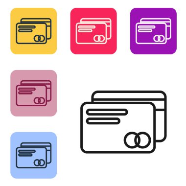 Siyah çizgi kredi kartı simgesi beyaz arkaplanda izole edildi. Çevrimiçi ödeme. Nakit çekilmesi. Finansal operasyonlar. Alışveriş tabelası. Renkli kare düğmelerle simgeleri ayarla. Vektör İllüstrasyonu