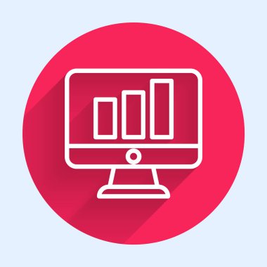 Grafik çizelgesi simgesi ile uzun gölgeli beyaz çizgi bilgisayar monitörü. Metin dosyasını rapor et. Muhasebe tabelası. Denetim, analiz, planlama. Kırmızı daire düğmesi. Vektör İllüstrasyonu