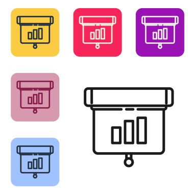Grafik, çizelge, grafik, diyagram, bilgi grafiği, turta grafik simgesi beyaz arkaplanda izole edilmiş siyah çizgi sunum finans kurulu. Renkli kare düğmelerle simgeleri ayarla. Vektör İllüstrasyonu