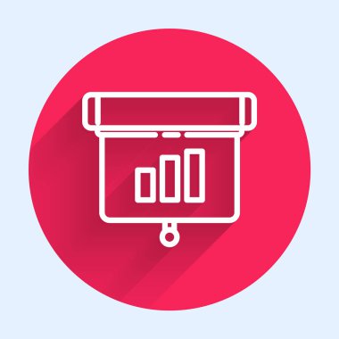 Grafik, çizelge, grafik, diyagram, bilgi grafiği ve uzun gölgeli turta grafik ikonu içeren beyaz çizgi sunum finans kurulu. Kırmızı daire düğmesi. Vektör İllüstrasyonu