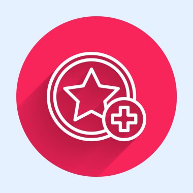 Beyaz çizgi yıldız ikonu uzun gölgeli izole edilmiş. Favori, en iyi derecelendirme, ödül sembolü. Konsepte ekle. Kırmızı daire düğmesi. Vektör İllüstrasyonu