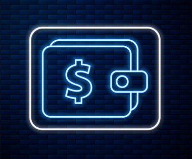 Parlak neon çizgili cüzdan. Tuğla duvar arkasında izole edilmiş dolar sembolü. Çanta ikonu. Nakit tasarruf sembolü. Vektör İllüstrasyonu