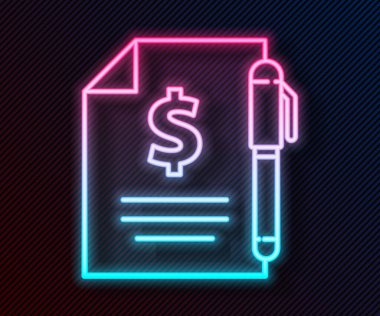 Parlayan neon hattı sözleşmesi para ve kalem simgesi siyah arkaplanda izole edildi. Bankacılık belgeleri dolar finans para sayfası. Vektör İllüstrasyonu