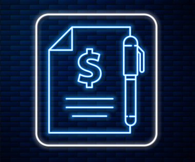 Parlayan neon hattı sözleşmesi para ve kalem simgesi tuğla duvar arka planında izole. Bankacılık belgeleri dolar finans para sayfası. Vektör İllüstrasyonu