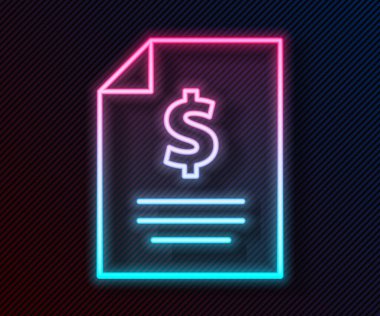 Parlayan neon hattı para ikonu siyah arkaplanda izole edildi. Bankacılık belgeleri dolar finans para sayfası. Vektör İllüstrasyonu