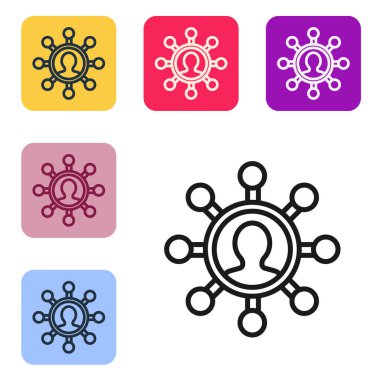 Siyah hat İş Ağı ve iletişim simgesi beyaz arkaplanda izole edildi. Güçlü ağ pazarlama, nüfuz ve liderlik. Renkli kare düğmelerle simgeleri ayarla. Vektör İllüstrasyonu