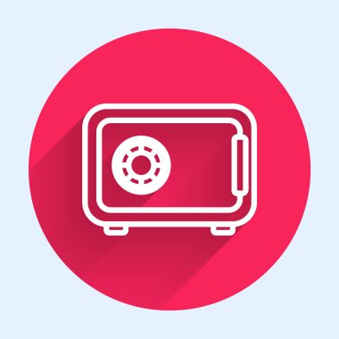 Beyaz çizgi güvenli simgesi uzun gölgeli. Kapı, şifreli bir banka kasası. Güvenilir Veri Koruma. Kırmızı daire düğmesi. Vektör İllüstrasyonu