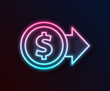 Parlak neon hattı parası ve siyah arka planda izole edilmiş dolar sembolü simgesi. Bankacılık işareti. Para sembolü. Vektör İllüstrasyonu