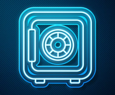 Parlayan neon hattı mavi arkaplanda güvenli simge izole edildi. Kapı, şifreli bir banka kasası. Güvenilir Veri Koruma. Vektör İllüstrasyonu