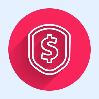 Dolar sembollü beyaz çizgi kalkanı uzun gölgeli izole edilmiş. Güvenlik kalkanı koruması. Para güvenliği konsepti. Kırmızı daire düğmesi. Vektör İllüstrasyonu