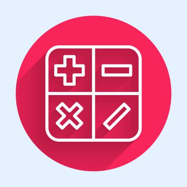 Beyaz çizgi hesap makinesi simgesi uzun gölgeli izole edildi. Muhasebe sembolü. İş hesaplamaları matematik eğitimi ve finans. Kırmızı daire düğmesi. Vektör İllüstrasyonu