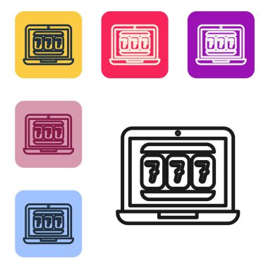 Siyah çizgi dizüstü bilgisayar ve slot makinesi beyaz arka planda izole edilmiş şanslı yedinci büyük ikramiye ikonu. İnternetteki kumarhane. Renkli kare düğmelerle simgeleri ayarla. Vektör İllüstrasyonu