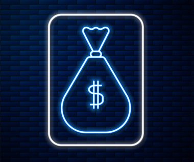 Parlayan neon hattı Para Çantası simgesi tuğla duvar arkasında izole edildi. Dolar ya da Usd sembolü. Nakit bankacılık tabelası. Vektör İllüstrasyonu