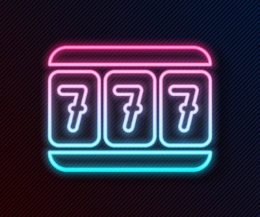 Siyah arka planda izole edilmiş uğurlu yedili büyük ikramiye ikonu olan parlak neon çizgili slot makinesi. Vektör İllüstrasyonu