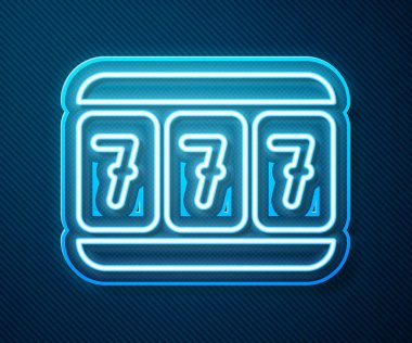 Mavi arka planda izole edilmiş uğurlu yedili büyük ikramiye ikonu olan parlak neon çizgili slot makinesi. Vektör İllüstrasyonu