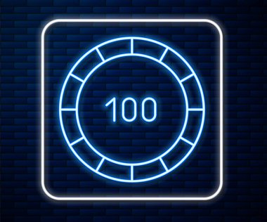 Parlayan neon hattı kumarhane çipleri simgesi tuğla duvar arkasında izole edilmiş. Kumarhane kumarı. Vektör İllüstrasyonu