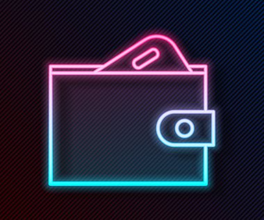 Parlak neon çizgili cüzdan destesi deste deste kağıt para nakit ikonu siyah arka planda izole. Çanta ikonu. Nakit tasarruf sembolü. Vektör İllüstrasyonu
