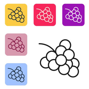 Beyaz arka planda üzüm sembolü simgesi olan siyah çizgi kumarhane kumar makinesi. Kumar oyunları. Renkli kare düğmelerle simgeleri ayarla. Vektör İllüstrasyonu