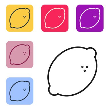 Beyaz arka planda limon sembolü simgesi olan siyah çizgi kumarhane kumar makinesi. Kumar oyunları. Renkli kare düğmelerle simgeleri ayarla. Vektör İllüstrasyonu