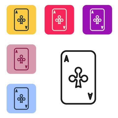 Beyaz arkaplanda siyah çizgi kulüp sembolü simgesi olan iskambil kartı. Kumarhane kumarı. Renkli kare düğmelerle simgeleri ayarla. Vektör İllüstrasyonu