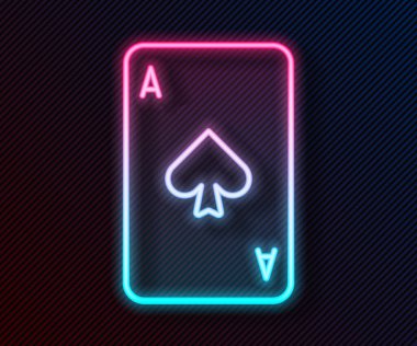 Parlak neon hattı Siyah arkaplanda izole edilmiş maça sembollü iskambil kartı. Kumarhane kumarı. Vektör İllüstrasyonu