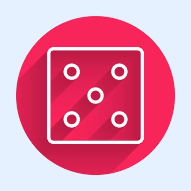 Beyaz çizgi Oyun zar simgesi uzun gölge ile izole. Kumarhane kumarı. Kırmızı daire düğmesi. Vektör İllüstrasyonu