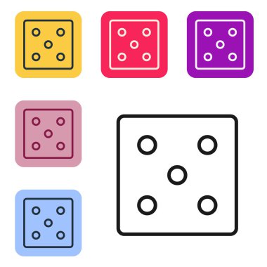 Beyaz arkaplanda siyah çizgi oyun zar simgesi izole. Kumarhane kumarı. Renkli kare düğmelerle simgeleri ayarla. Vektör İllüstrasyonu
