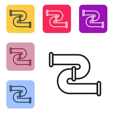 Siyah çizgi sanayi metalik boru ikonu beyaz arka planda izole edildi. Tesisat boru hattının farklı şekillerde parçaları. Renkli kare düğmelerle simgeleri ayarla. Vektör İllüstrasyonu