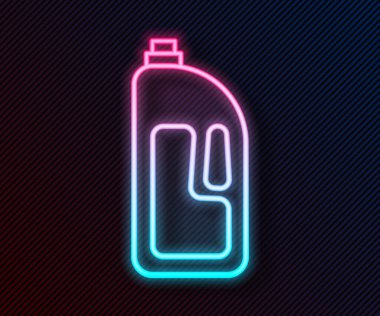 Siyah arka planda izole edilmiş, lavabo açıcı simgesi olan parlak neon hattı taşıyıcısı. Plastik şişedeki deterjan. Vektör İllüstrasyonu