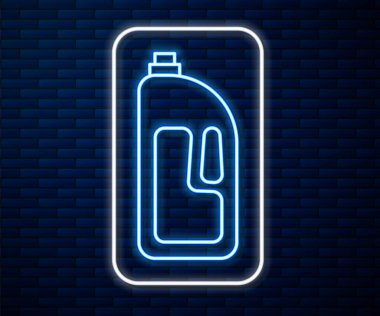 Duvarda izole edilmiş lavabo açıcı ikonu olan parlak neon hattı konteynırı. Plastik şişedeki deterjan. Vektör İllüstrasyonu