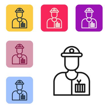 Siyah çizgi Tesisatçı simgesi beyaz arkaplanda izole edildi. Renkli kare düğmelerle simgeleri ayarla. Vektör İllüstrasyonu