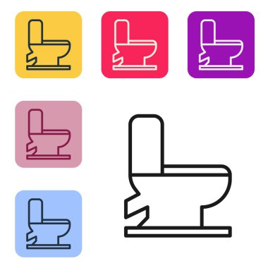 Siyah çizgi tuvalet klozeti ikonu beyaz arka planda izole edilmiş. Renkli kare düğmelerle simgeleri ayarla. Vektör İllüstrasyonu