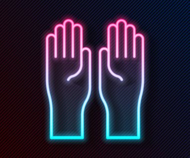 Parlayan neon çizgisi lastik eldiven ikonu siyah arka planda izole edildi. Lateks el koruması işareti. Ev işi temizlik ekipmanları sembolü. Vektör İllüstrasyonu