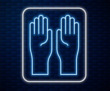 Parlayan neon çizgisi lastik eldiven ikonu tuğla duvar arka planında izole edilmiş. Lateks el koruması işareti. Ev işi temizlik ekipmanları sembolü. Vektör İllüstrasyonu