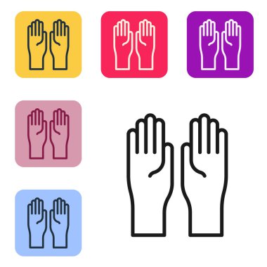 Siyah çizgili lastik eldiven ikonu beyaz arkaplanda izole edilmiş. Lateks el koruması işareti. Ev işi temizlik ekipmanları sembolü. Renkli kare düğmelerle simgeleri ayarla. Vektör İllüstrasyonu