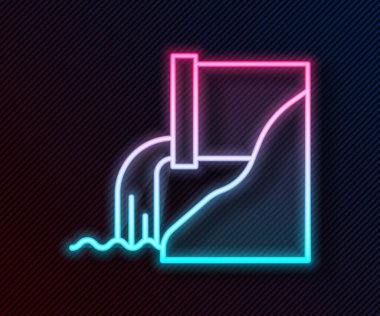 Parlayan neon hattı Atık Su simgesi siyah arkaplanda izole edildi. Kanalizasyon borusu. Borudan nehre sıvı akıyor. Vektör İllüstrasyonu